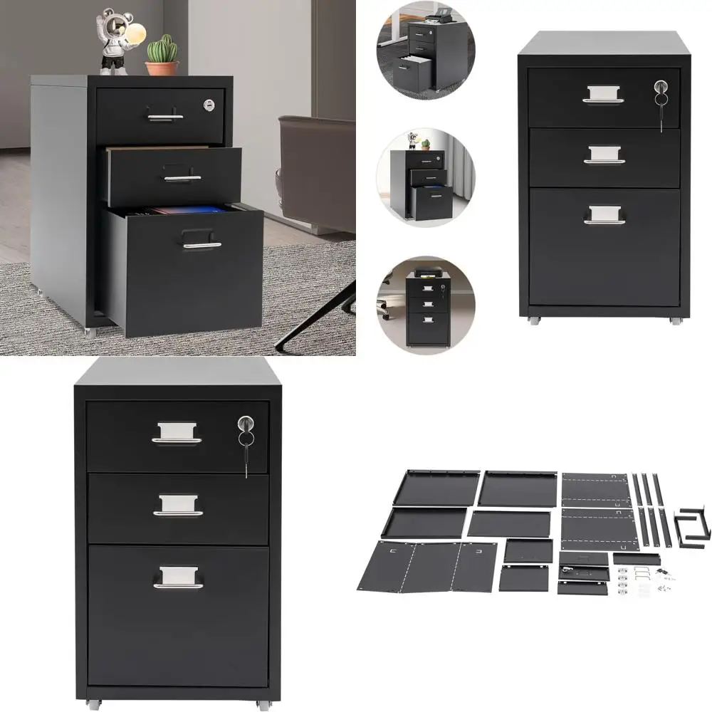 

Черный металлический вертикальный шкаф для документов с замком и колесиками для домашнего офиса, 3-х ярусный передвижной органайзер для хранения