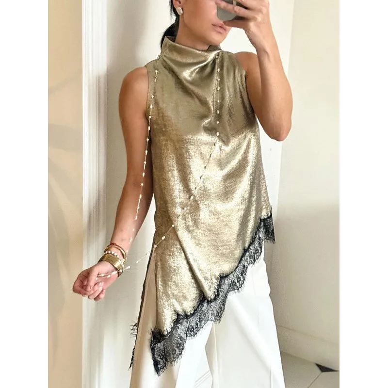 Canotta dolcevita irregolare in pizzo vintage da donna Street Chic Gilet senza maniche nero Moda femminile Patchwork Camis 2026 Primavera