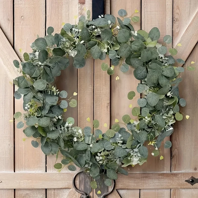 4pcsFaux Eucalyptus Garland With White Flowers, Silvery Dollar Eucalyptus Leaves Gypsophila Garland, Artificial Greenery Vines F