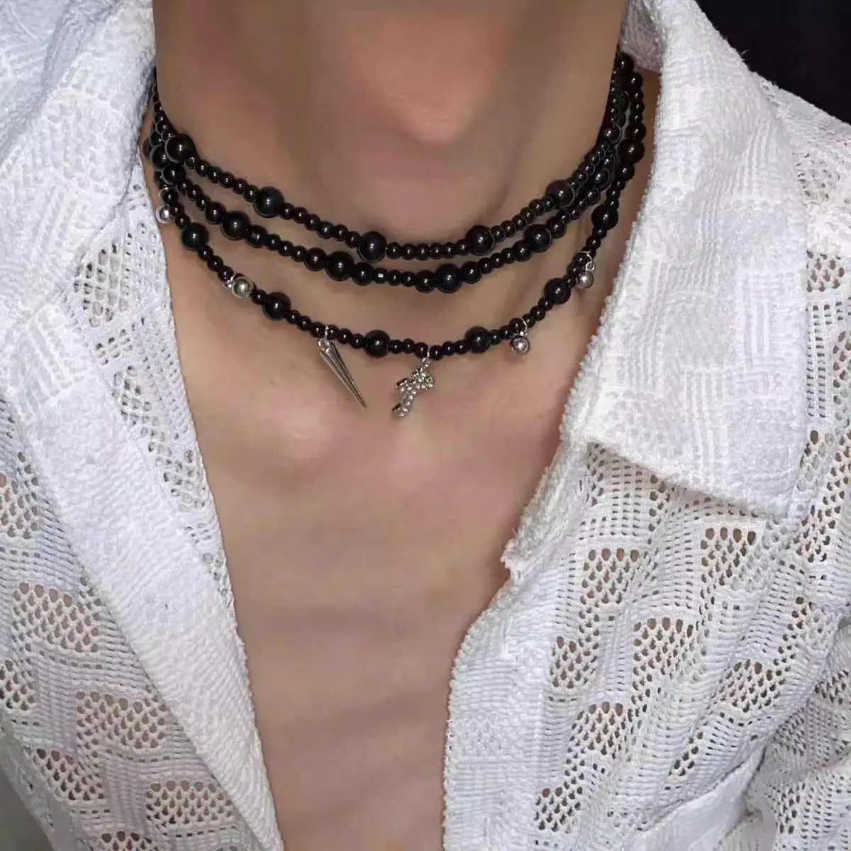 Explosive multi-layer stacked pearl necklace subculture heavy industry punk hip-hop Y2K collarbone chain necklace