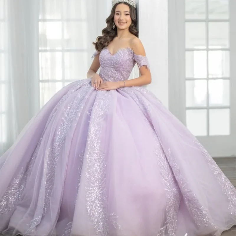 

Shiny Lavender Quinceanera Dresses off-shoulder Glitter Crystal Beadwork Decal Long tail Vestido De 15 Quinceanera Customize
