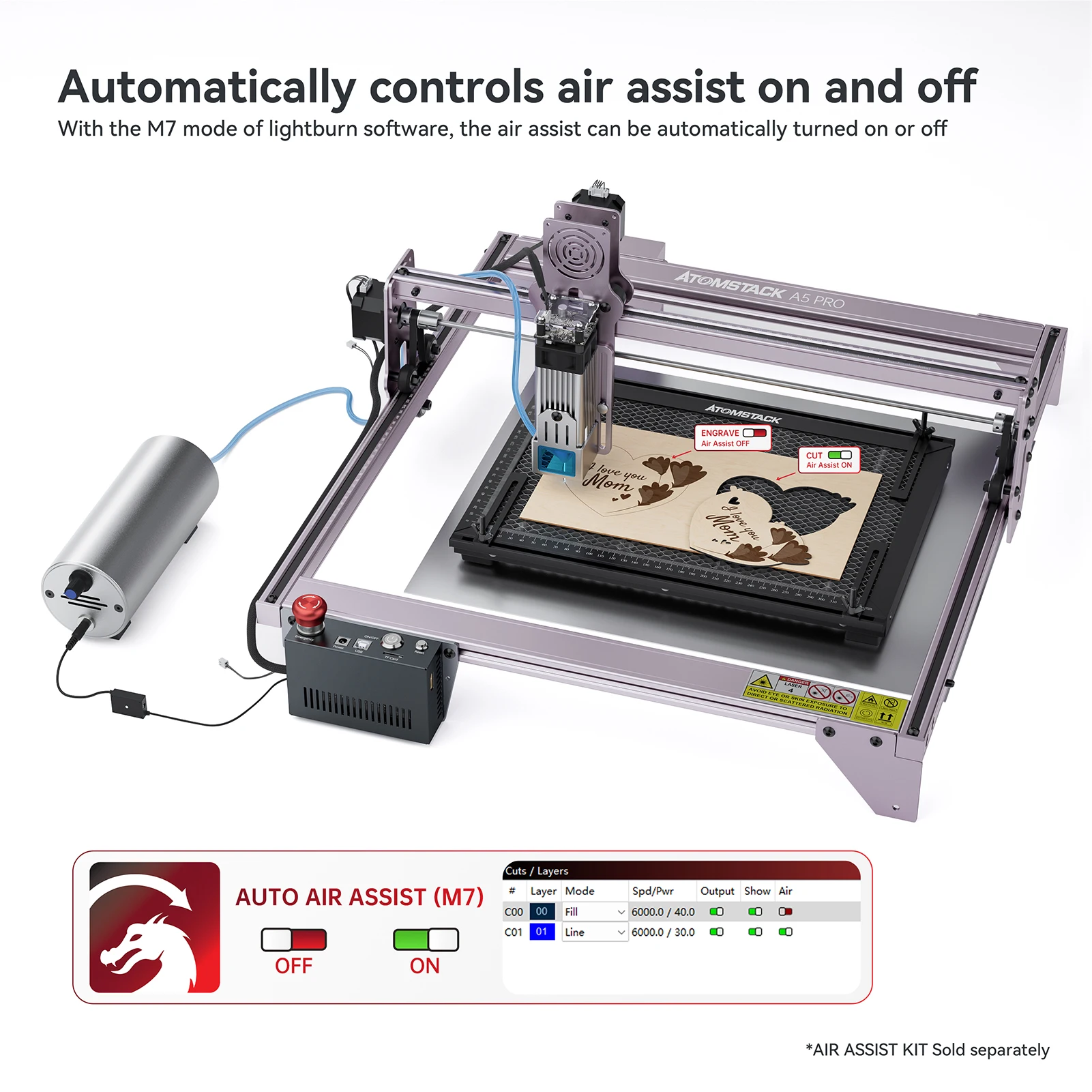 ATOMSTACK AIC1 Sistema automatico di assistenza aerea per macchina per incisione laser Supporto controllo automatico WiFi Lavoro offline con 32 bit