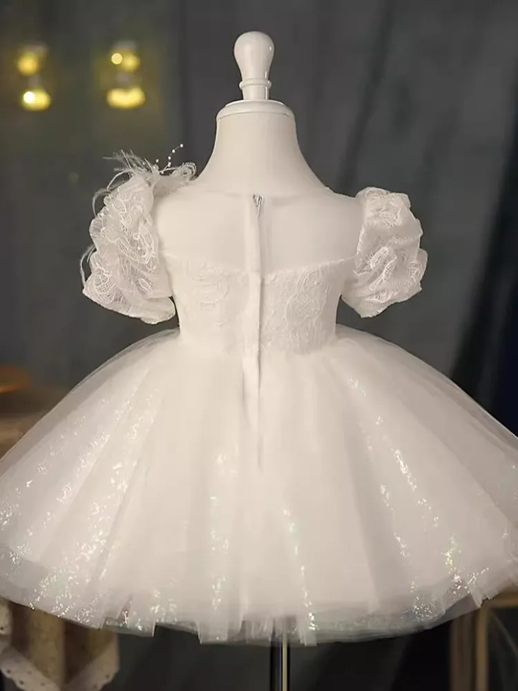 New Children's Princess Ball Gown Lace Sequins Puff Sleeve Design Wedding Birthday Baptism Girls Party Dresses A3660 Vestidos