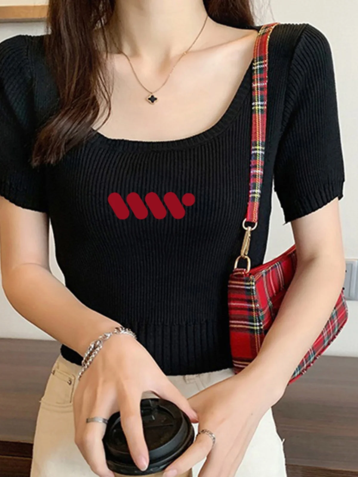 Ele Ice Zijde Gebreid T-shirt Dames Zomer Faion Print Vierkante Kraag Slim Fit ort Sle Mooie Zoete En Pittige Top