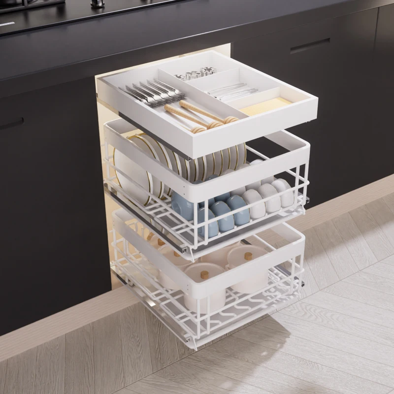 304 stainless steel basket kitchen cabinet narrow mini cabinet drawer-type door double three-layer dishes tray blue.