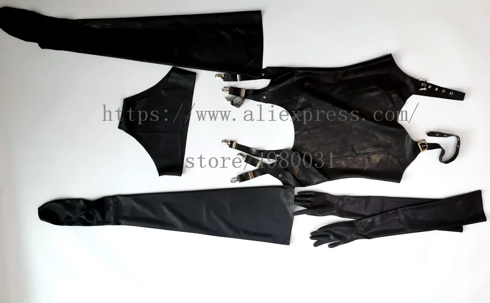 

Women's black vest tops with garter belt & panties & gloves & stockings made of 100% real & natural latex materials
