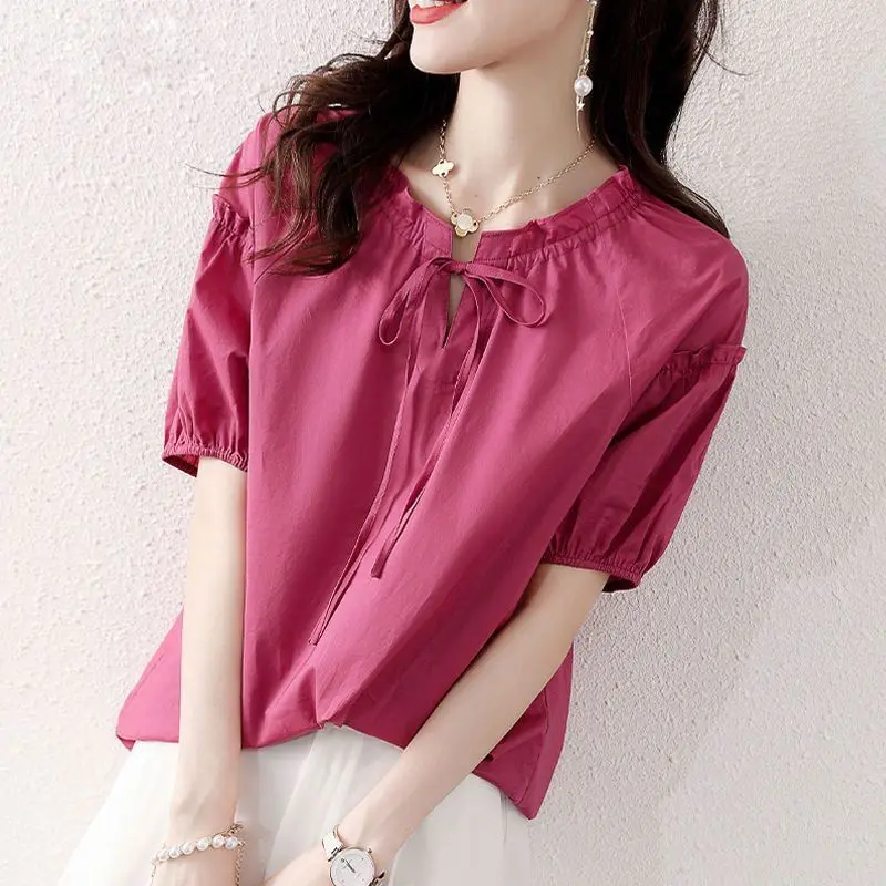 2023 New Summer Fashion Commuting Simple Round Neck Lace Up Wooden Ear Edge Lantern Sleeves Casual Loose Women\'s Doll Shirt