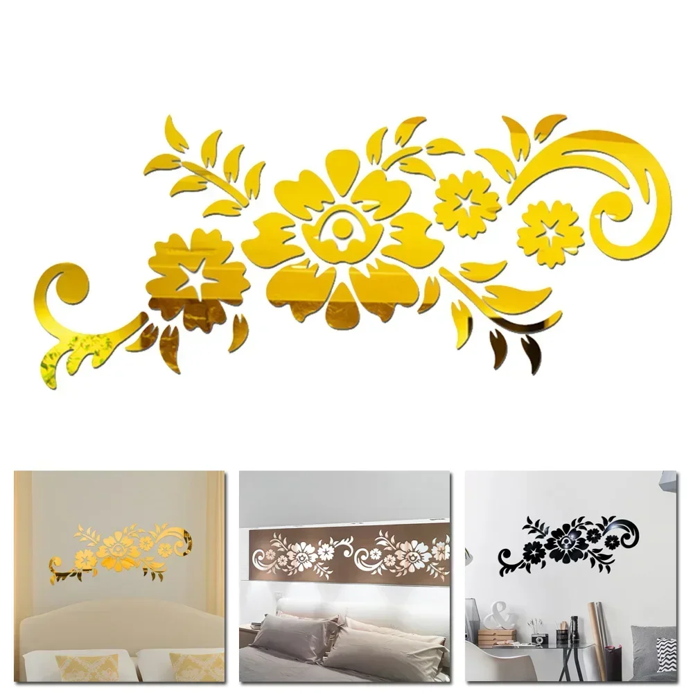50x21.5cm Removable Acrylic 3D Mirror Wall Decal Rattan Flowers Fashionable Home Living Room Decoration
