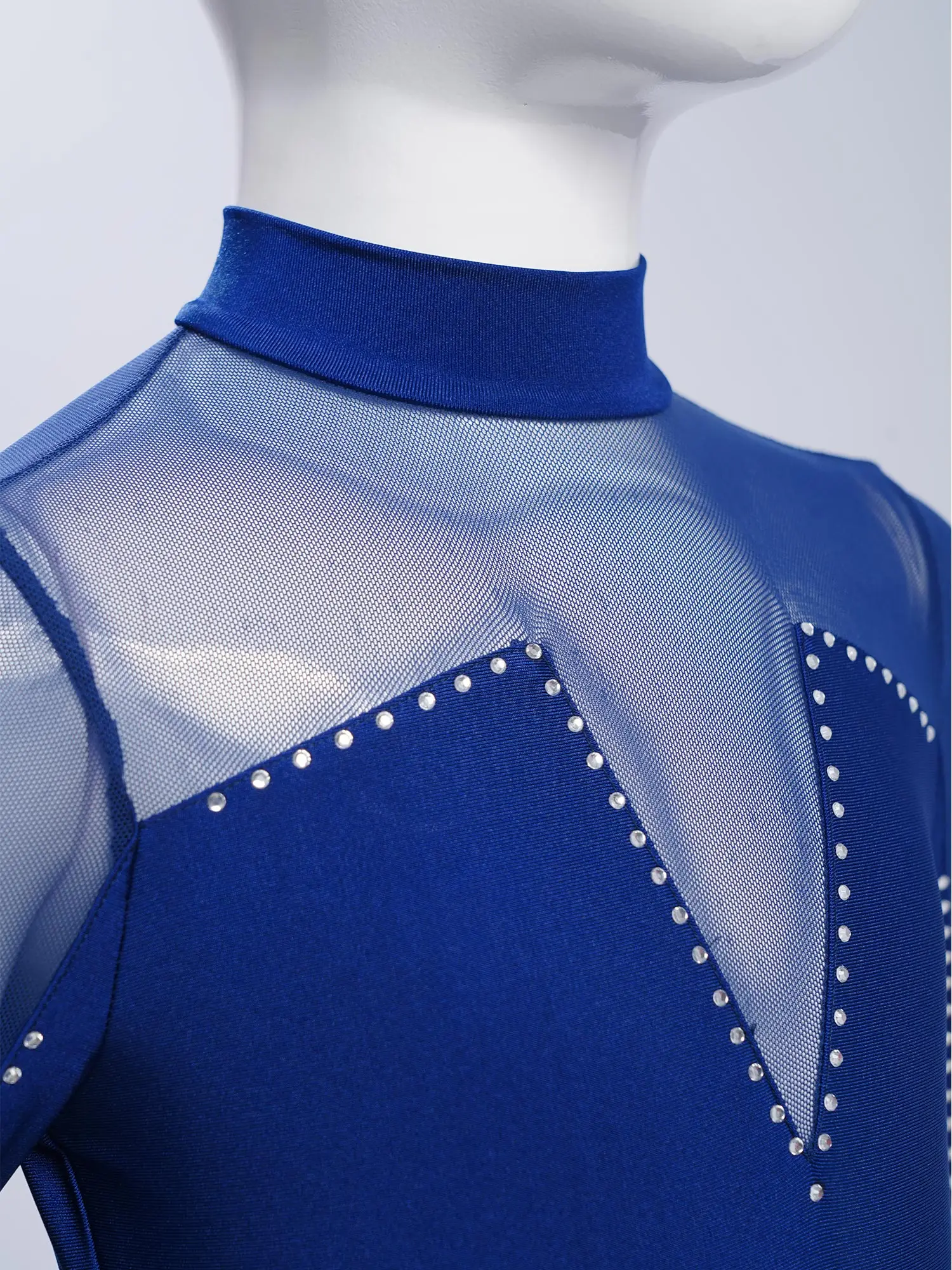Ballet Gymnastics Jumpsuit Figure Ice Skating Performance Costume for Kids Girls Mock Neck Long Sleeve Sheer Mesh Rhinestone