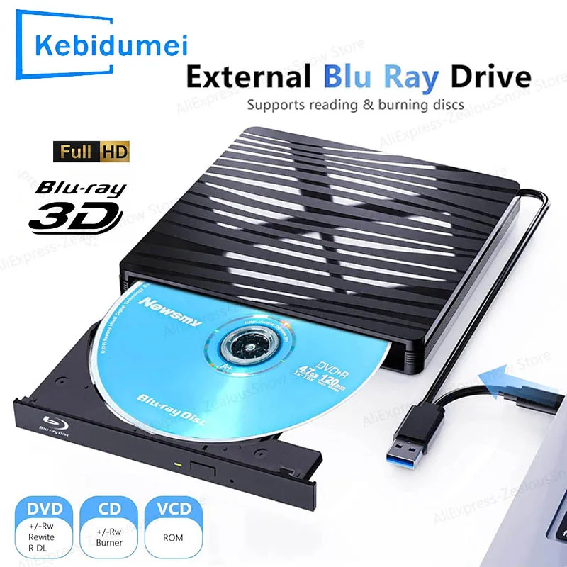 Unidad de Blu-Ray Externa KEBIDUMEI, USB 3.0 y Tipo-C, Reproductor y Grabador de Blu-ray 3D, Lector y Grabador de DVD/CD/BD, Unidad Óptica para Laptop y PC