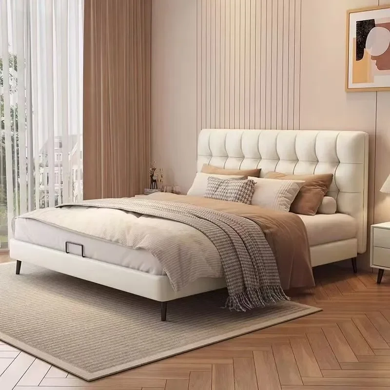 Modern Italian Minimalist Beech Wood Double Bed Nordic High Box Frame Leather Upholstered Waffle Cream Style Master Bedroom
