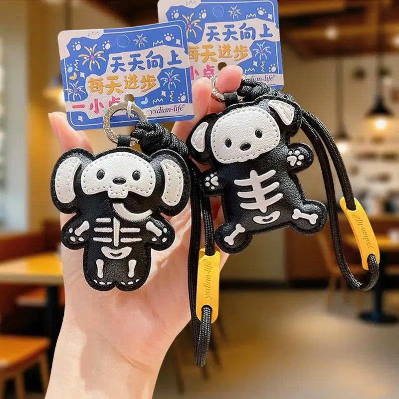 Hot Sale Cute Cartoon Skeleton Animal PU Leather Keychain With Durable Braided Lanyard For Bag Decor Halloween Gifts