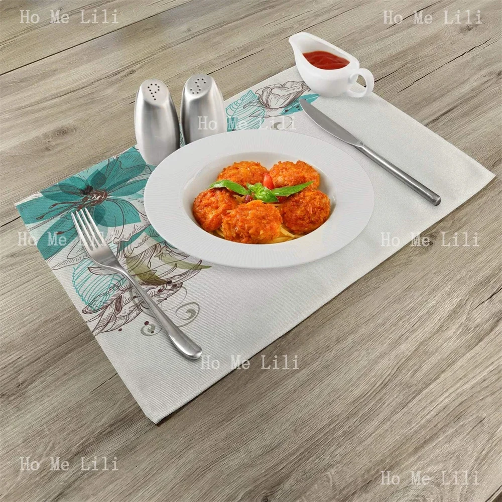 Turquoise Flowers Buds Leaf At The Top Left Corner Season Celebrating Theme Fabric Placemats For Dining Table Decor