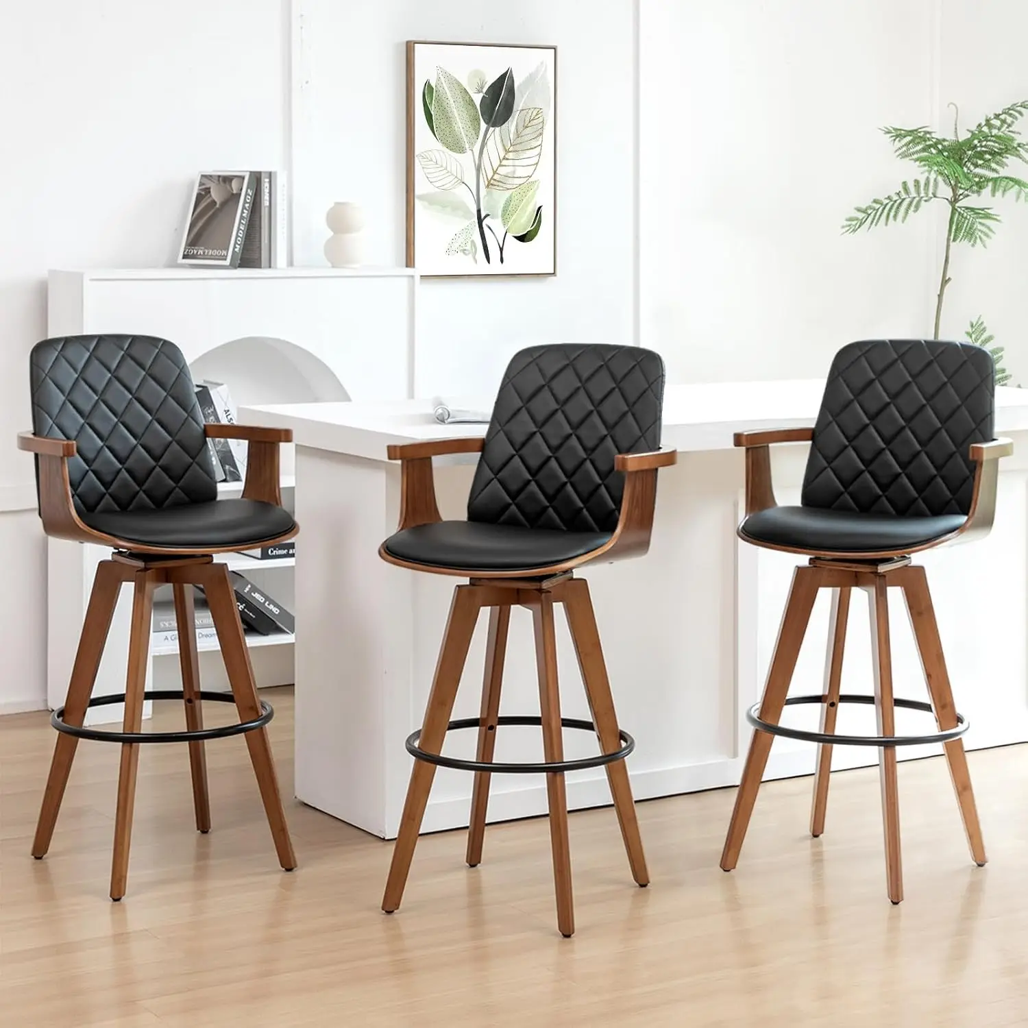 

Set of 3 Bar Height Bar Stools - 29.12 inch Swivel Bar Stools with Curved Back and Arms, Walnut Craftsmanship,, Customized
