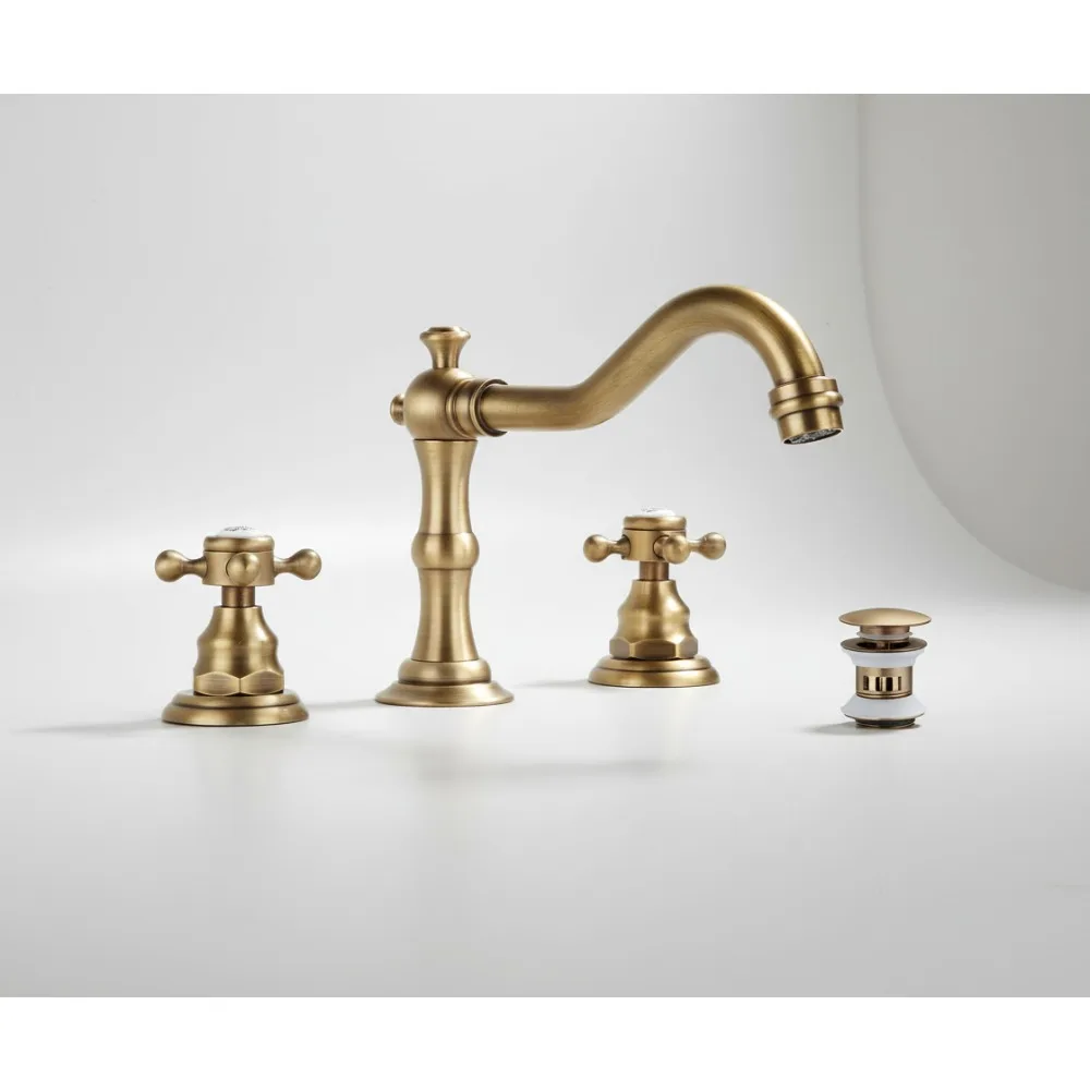 

Antique Brass Widespread Bathroom Sink Faucet with 2 Handles, 3 Holes, and Matching Pop-Up Drain for Vanity