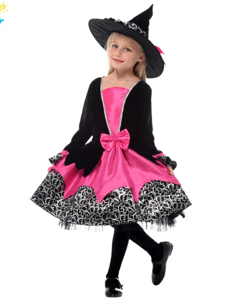 جديد ❤ 2025 هالوين الأرجواني فستان الساحرة مع قبعة مكنسة يتوهم حفلة تنكرية زي تنكري لفتاة الأطفال تأثيري الرقص الاطفال Hol ☆ ☆ ☆