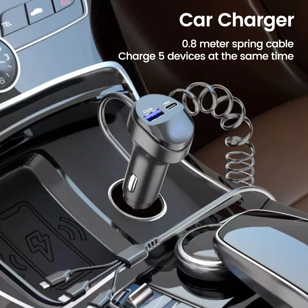 55W 2 Ports USB Fast Car Phone Charger 3.1A with Voltage Display Car Three In One USB Retractable Charging Cable