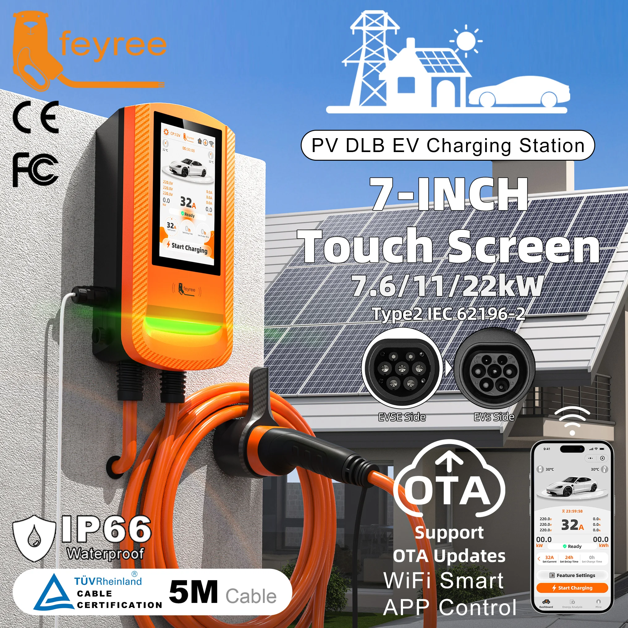 Feyree Type2 PV Automatic Load Balancing Solar Charger 7Inch Touch Screen EV Charger Smart APP Control Charging Log OTA Upgrade