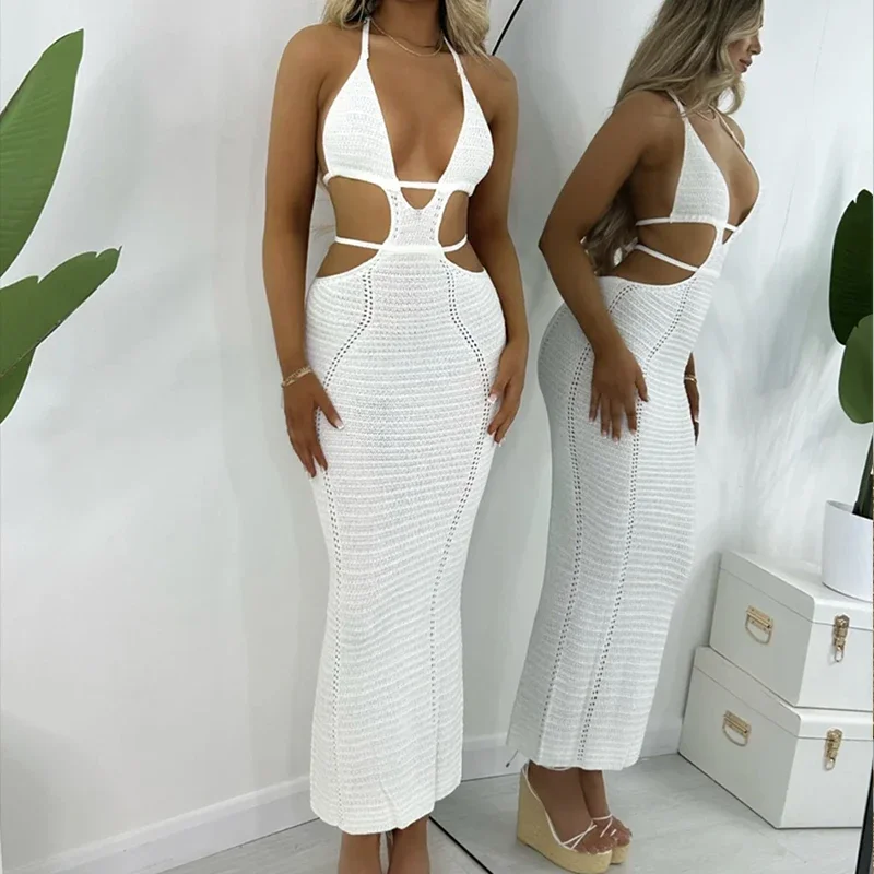 Neue Stil Aushöhlen Backless Tie Up Kleid Frauen Strand Urlaub Sonne Baden Sonnencreme Langes Kleid Stricken Beachwear Cover Up
