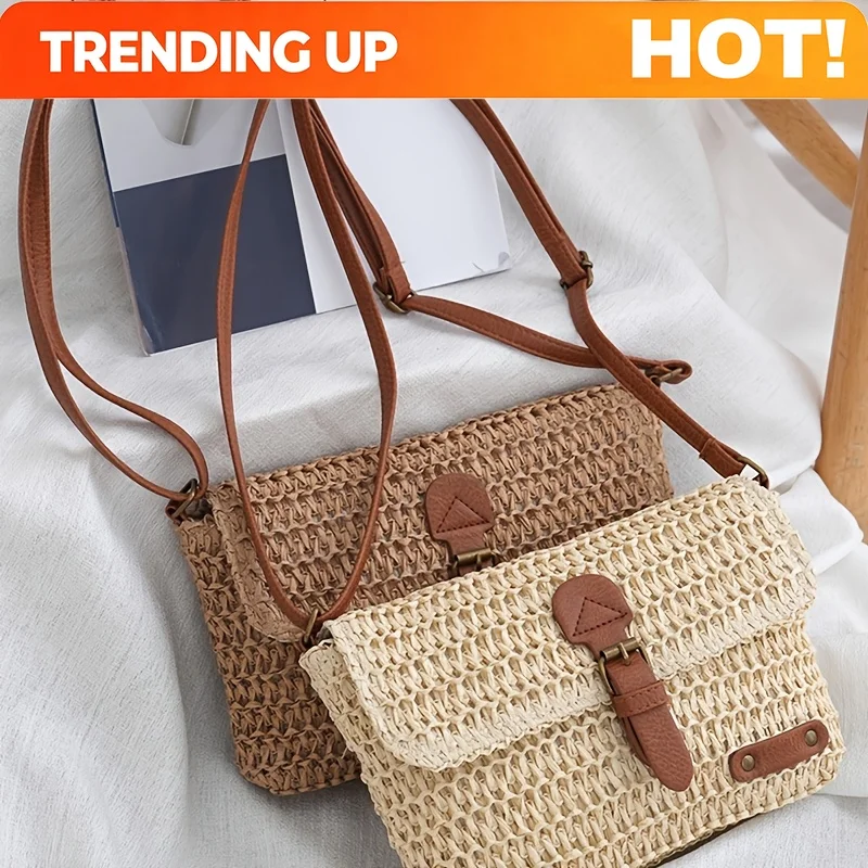 Bolso Bandolera de Mujer Estilo Vacacional Vintage de Paja Tejida, con Correa de Hombro con Parches de PU, Ligero y Compacto, Tipo Mensajero Calado