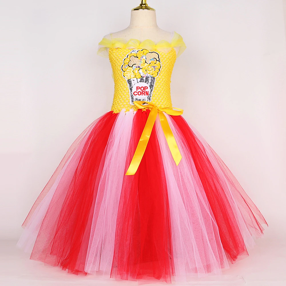 Red Yellow Popcorn Long Dresses for Girls Birthday Party Halloween Costumes Kids Christmas Tutus Performance Outfit with Big Bow