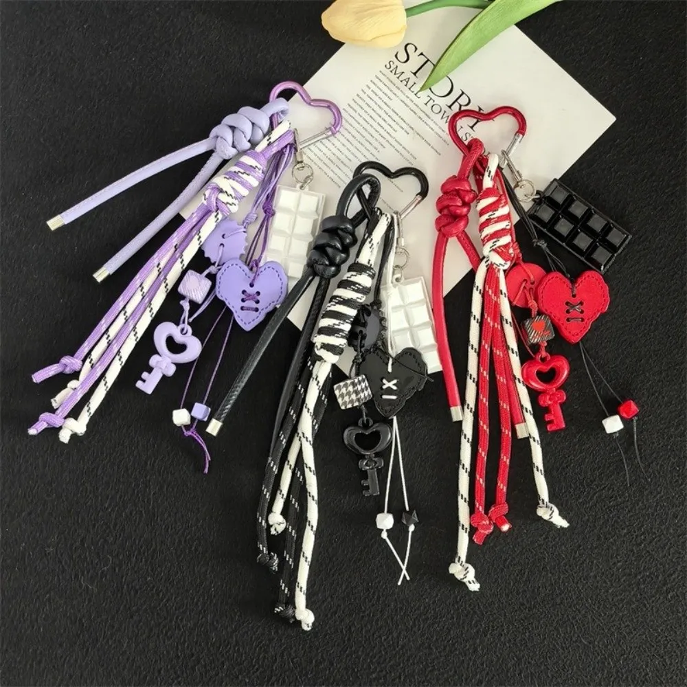 Y2k Acrylic Heart Keychain Anti-Lost Hand-Woven Braided Rope Key Chain Heart-shaped Macaron Color Bag Pendant Bag Accessories