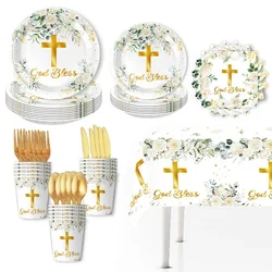 Disney Children's Theme Party Supplies Holy Communion Baptism Flower Cross Disposable Tableware Invitation Card Decoration