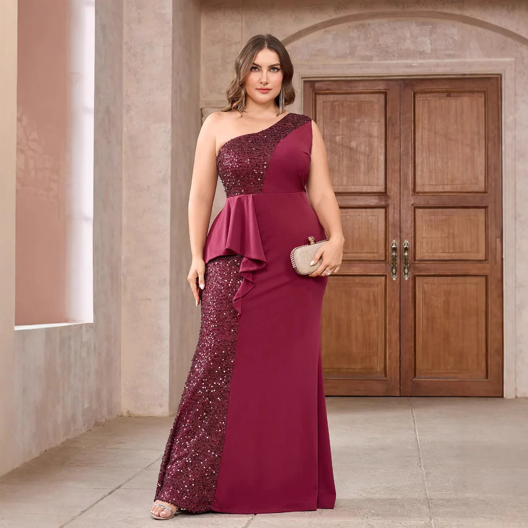 Nuovo Plus Size Donna Monospalla Paillettes Aderente Sottile Elegante Abito da Sera Lungo Economico 2025 Abito Estivo Robe Vestido Donna