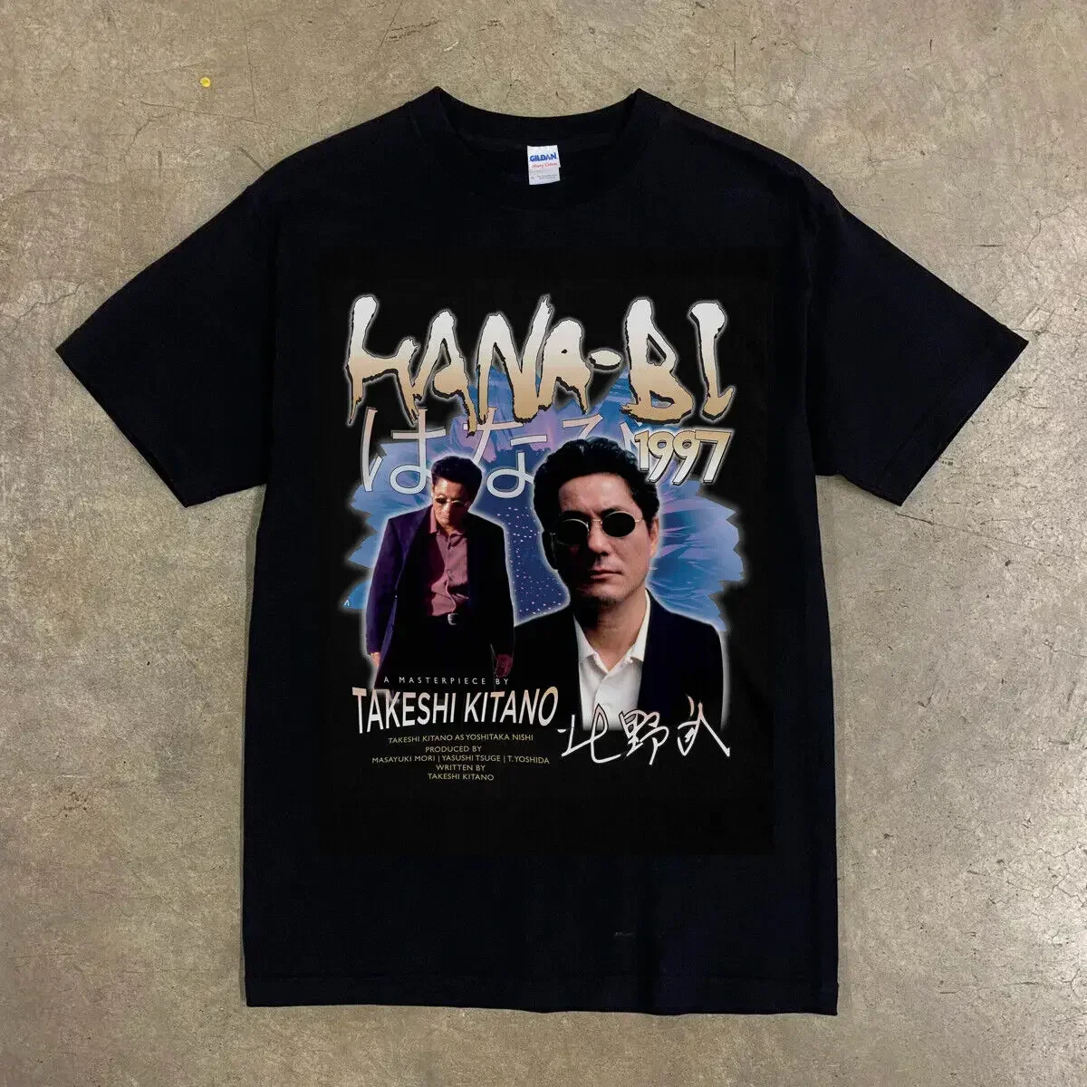 Hana-bi takeshi kitano-メンズ日本映画Tシャツ,デザイナー服,トップスとTシャツ,半袖,ラウンドカラー,グラフィックTシャツ