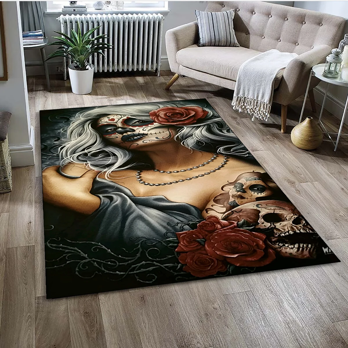 Gothic Female Skull Horror Dead Girl Area Rug,Carpet for Home Living Room Bedroom Sofa Doormat Decor,kids Non-slip Floor Mat 3D