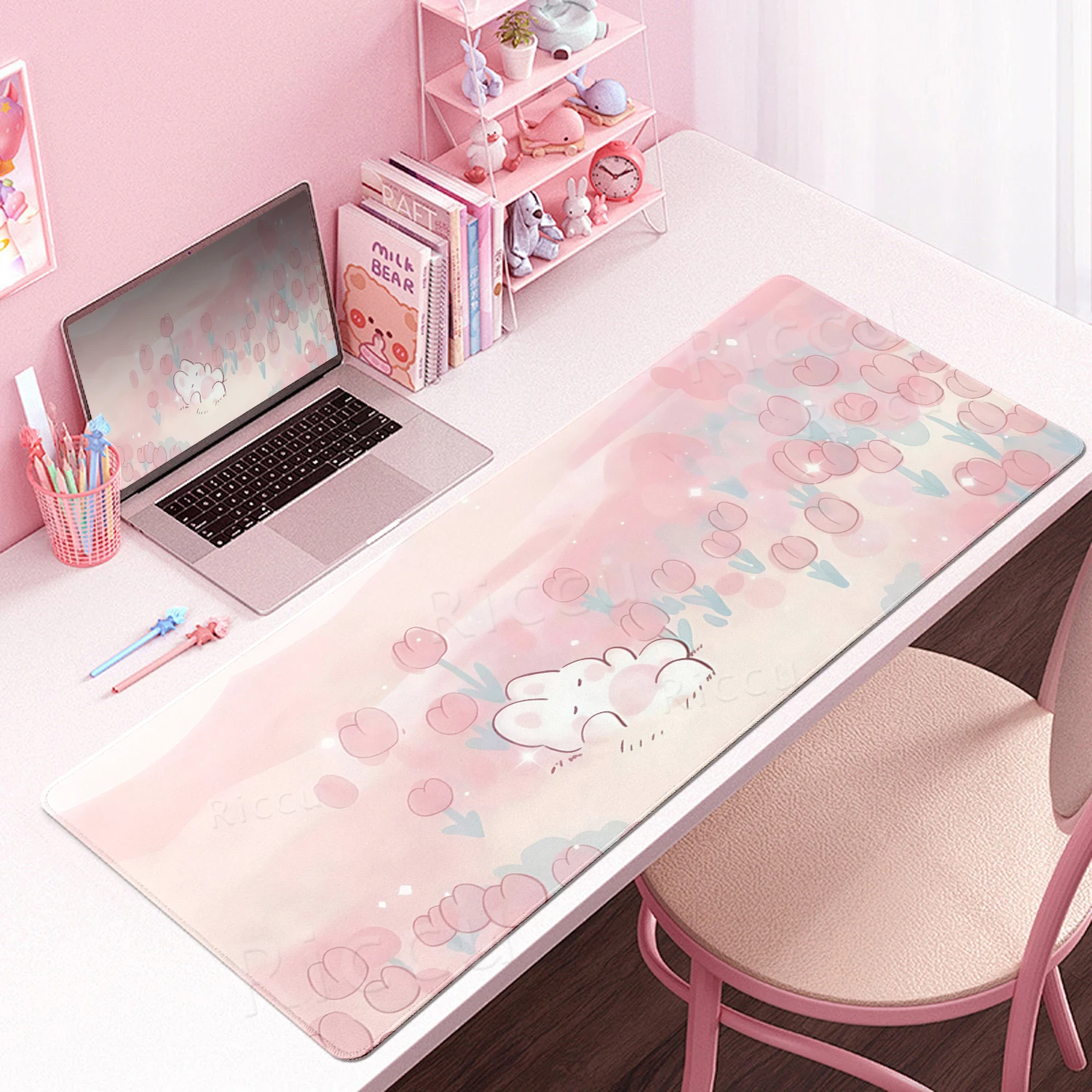 Gaming Keyboard Pad Office Soft Anti-Slip Carpet Rubber Carpet New Models Cute Rabbit Pink Anime Aesthetics Lock-edge Table Rugs
