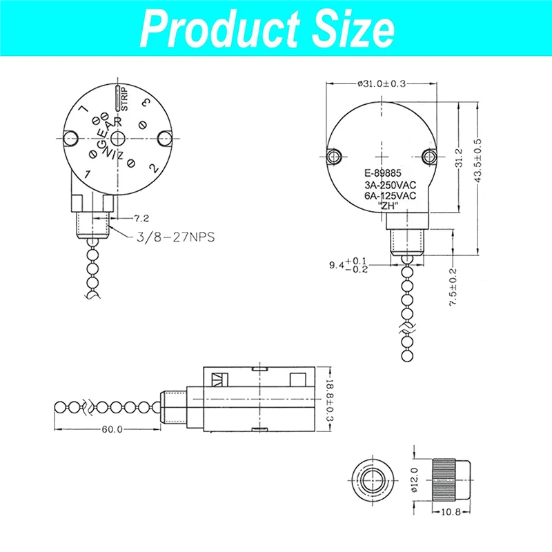 1PCS Ceiling Fan Lights Switch ZingEar ZE-208S E89885 3 Speed 4 Wire Fan Switch Pull Chain ,Fan Lights Switch,Bronze