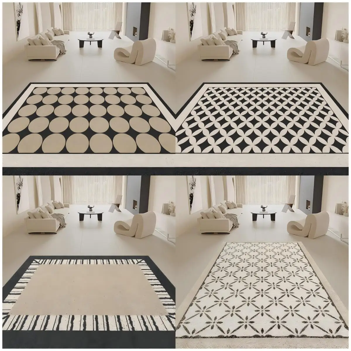 

VIKAMA Abstract Interwoven Loop Pile Carpet Black and White Geometric Patchwork Living Room Sofa Anti-slip Floor Mat Home Decor