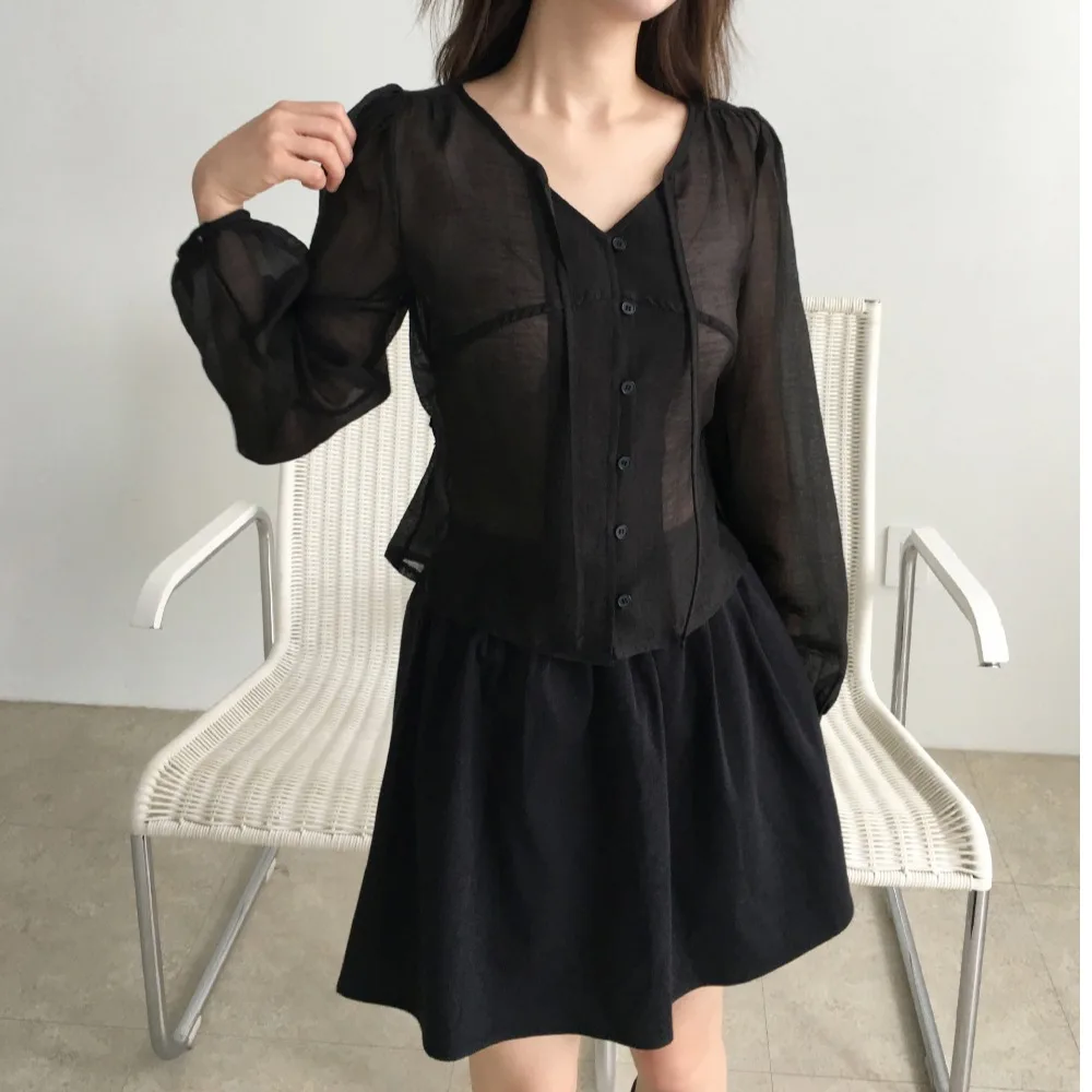 

Ele Long Sve irt Women's Chic Autumn Versatile Slimming Waist-Cinching Texture Single-Row Multi-Bule Belted Top