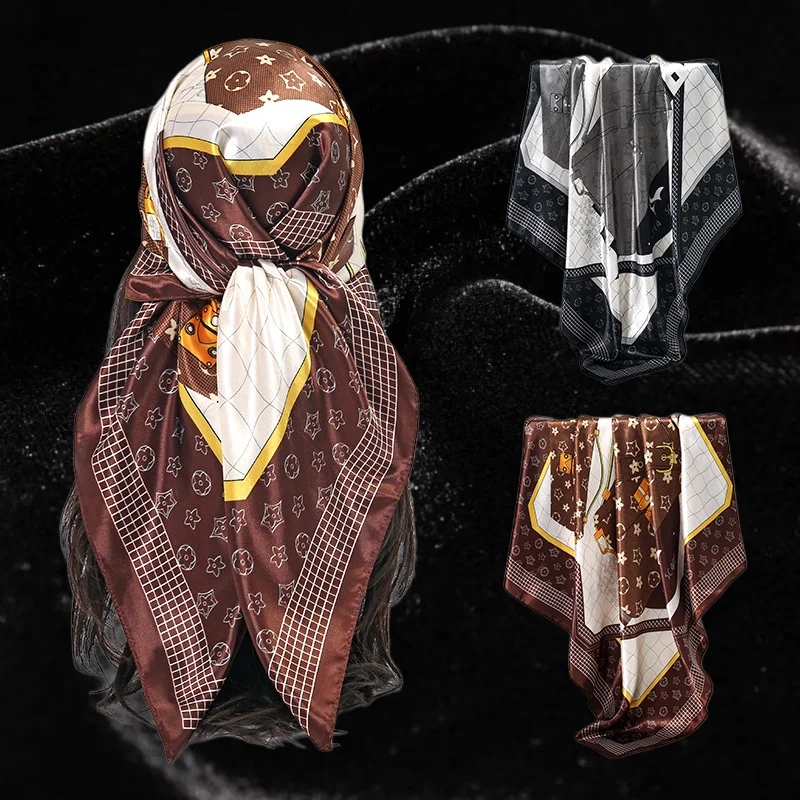 Luxury print satin square scarf 90cm faux silk hair wrap women designer style brown white luxury print scarf with gold border