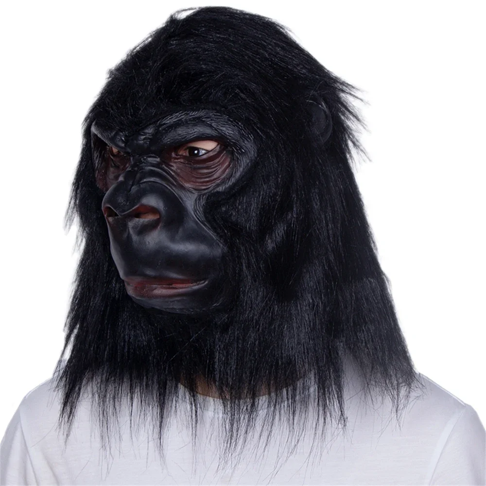 Halloween Gorilla Full Head Mask Latex Black Chimpanzee Lifelike Animal Mask With Hair Cosplay Clothing Head Cover