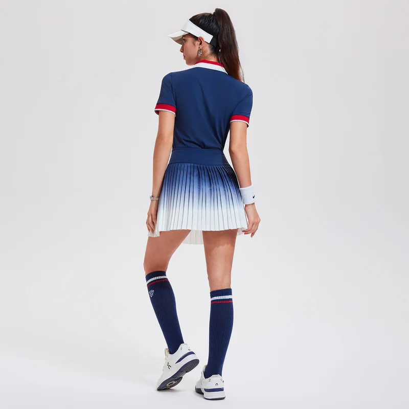 SharpStar Polo Neck Sports T-shirt Set 2pcs Quick Dry Tennis Skirt Suit Breathable Pickleball Skort Iced-cooling Running Outfit