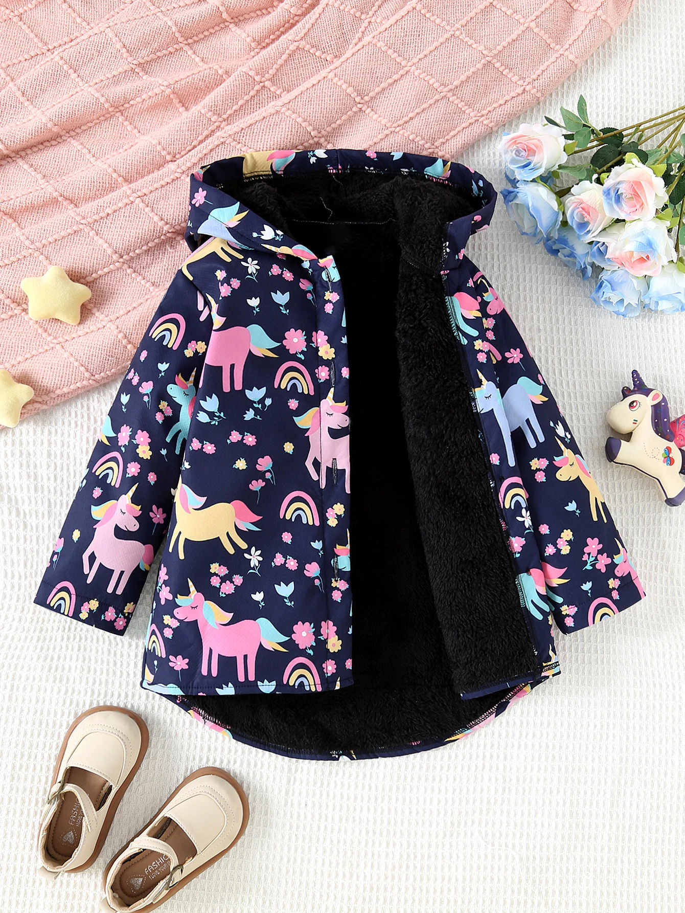 Autumn And Winter Girls' Unicorn Flower Printed Jacket With Plush Insulation Long Sleeved Casual Hooded Jacket