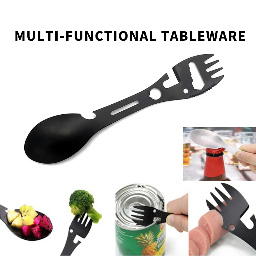 5 in 1 Outdoor Survival Tool Kit Multi-functional Fork Spoon Knife Bottle Opener Camping Hiking Gear EDC
