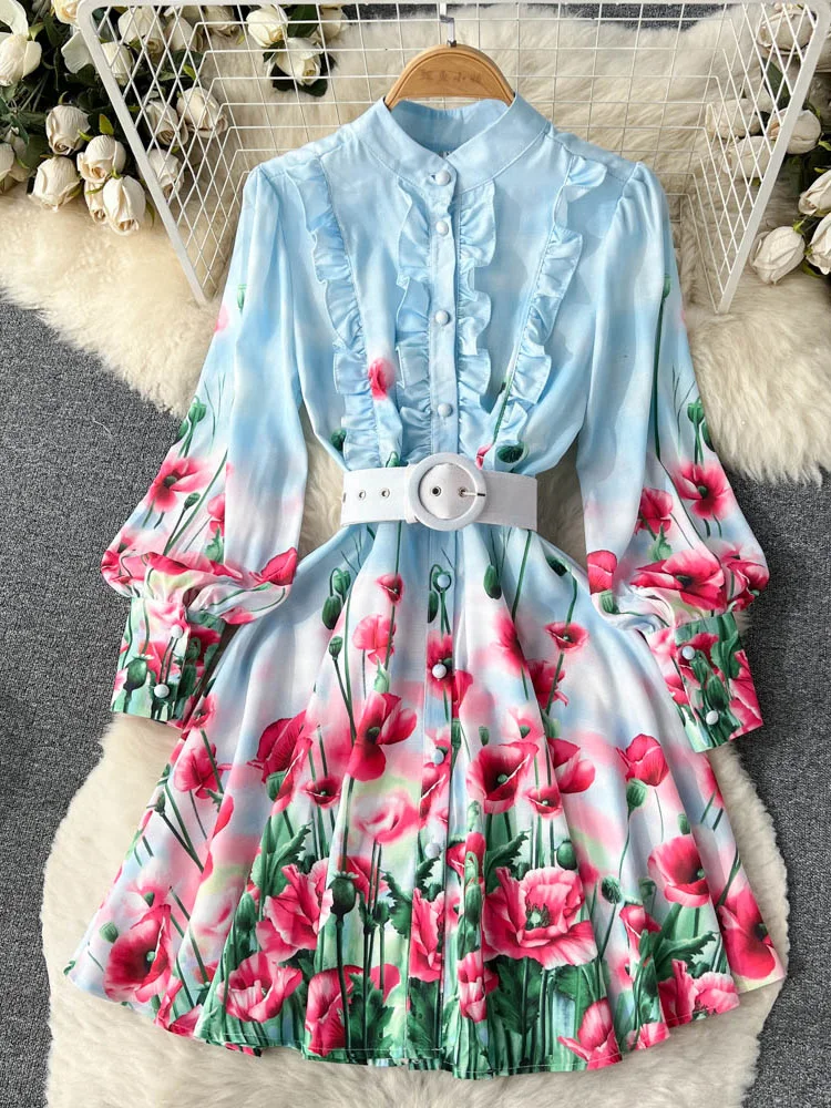 ALPHALMODA 2023 Spring New Floral Frill Long-sleeved Belted Sweet Women Dress Ladies Elegant Fashion Seasonal Outfit