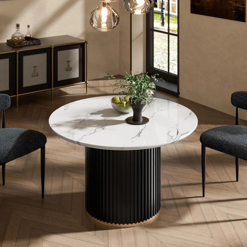 

Round Dining Table for 4-6, 47" Modern Circle Dining Table with White Marble Top and Black Fluted Pedestal for Ktich