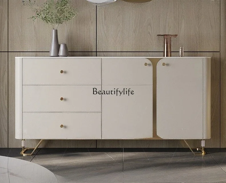

ls 27Saddle leather high cabinet integrated storage light luxury rock slab modern simple side cabinet