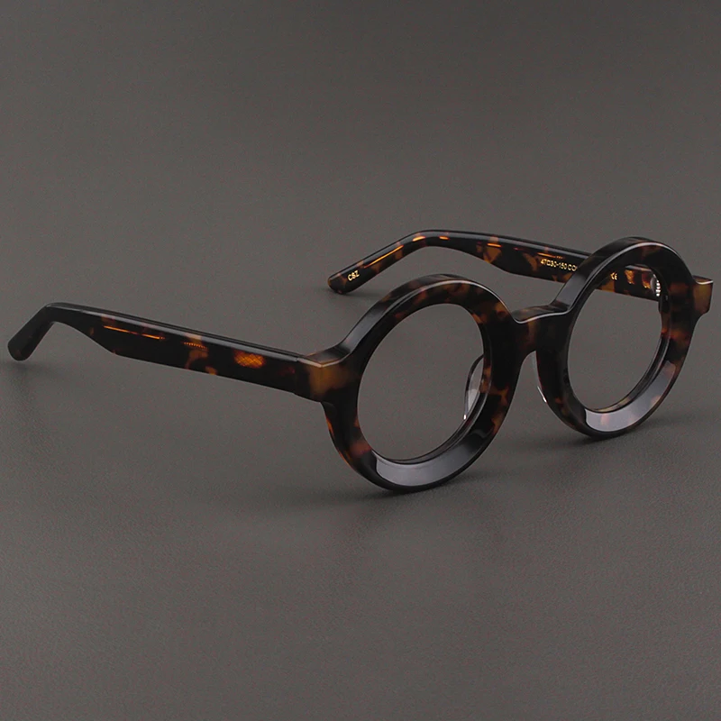 Retro round eyeglass frame board with wide edges and thick handmade matte black frame for men