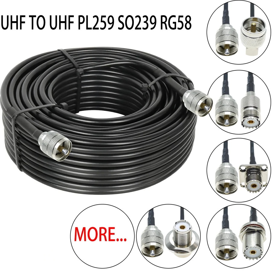 RG58 UHF męski do UHF PL259 SO-239 męski żeński wtyk Jack zaciskane złącze koncentryczne RF przedłużacz anteny samochodowej WIFI miedziany kabel koncentryczny