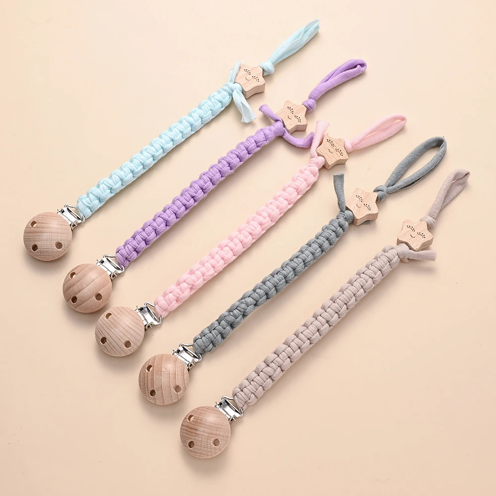 BPA Free not Personalized Baby Pacifier Clips Beech Wood Printed With Stars Anti-Lost Pacifier Chain for Dummy Nipple Holder