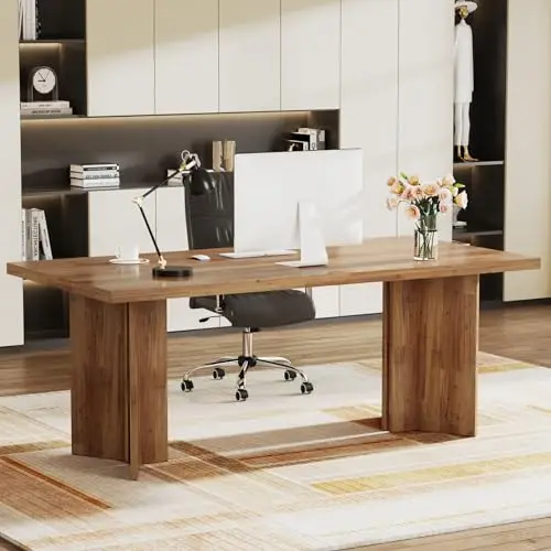 63-inch Executive Desk, Vintage Home Office Computer Desk with Large Tabletop, Farmhouse Wood Writing Conference Table