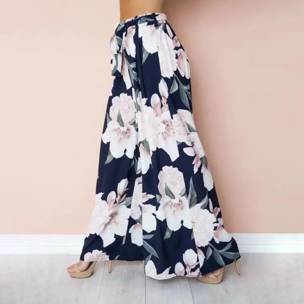 

Mid-Rise Lace-Up Flower Print Woman Pants Full Length Oversized Wide Leg Pants Loose Long