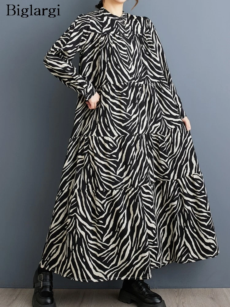 

Oversized Autumn A-Line Dress Women Striped Print Fashion Casual Long Sleeve Ladies Dresses Ruffle Pleated Loose Woman Dress