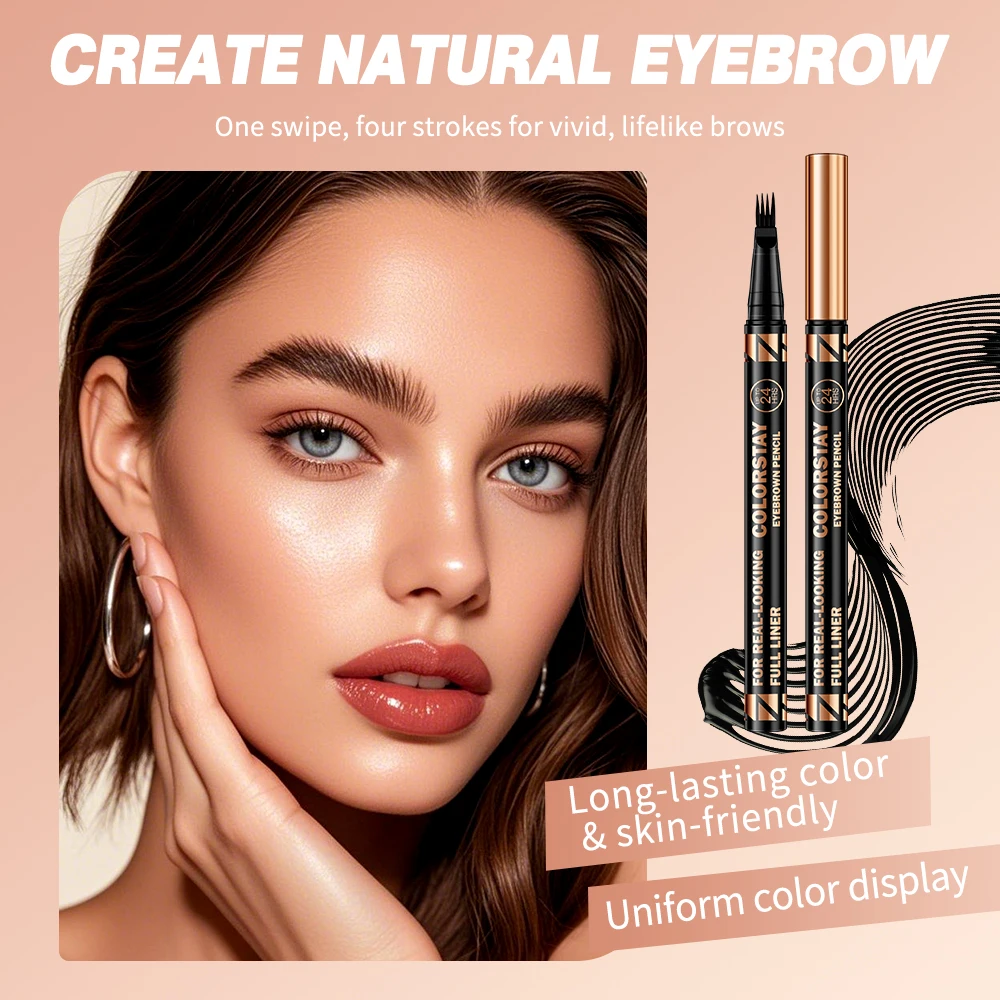 TVLV Four‑Tip Micro Eyebrow Pencil, 4‑Prong Liquid Eyebrow Pen, Waterproof Sweatproof 24H Long Lasting, Natural Wild Looking
