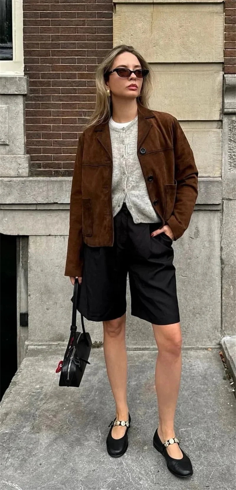 レディースジャケット ブラウン スエード ショートブレザー 柔らかく暖かい 秋 カジュアル ファッションスタイル